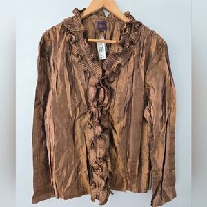 Color Works Womens Top XL Brown Satin Accordion Pleat Ruffled Crinkle Blouse